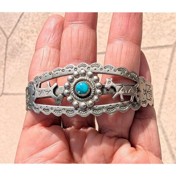 VTG Navajo Nickel Silver & Turquoise Cuff Bracelet Stamped Horses 15.8g Native A - Picture 2 of 12
